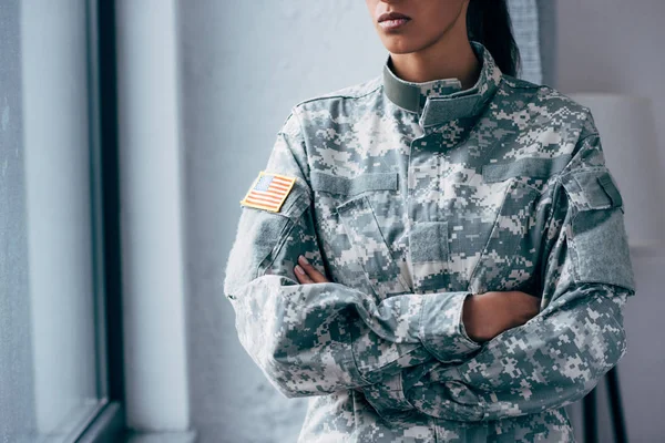 Military uniform with usa flag emblem — Stock Photo