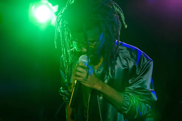 African american DJ with microphone — Stock Photo