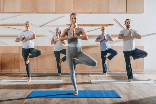 Group of senior people practicing yoga with instructor in tree pose on mats in studio — Stock Photo