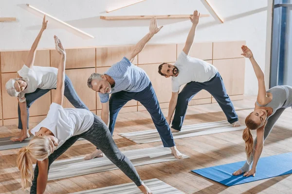 Pessoas idosas com instrutor exercitando-se em tapetes de ioga na aula de treinamento — Fotografia de Stock