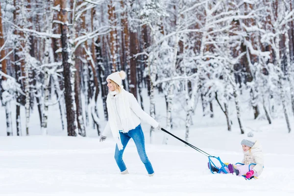 Jovem mãe e menina trenó na floresta de inverno juntos — Fotografia de Stock