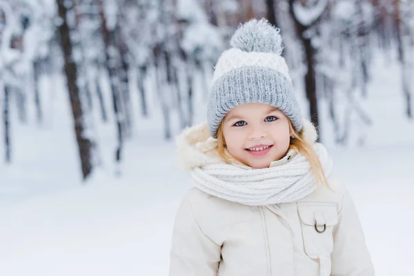 Portrait de mignon petit enfant en chapeau et écharpe souriant à la caméra dans le parc d'hiver — Photo de stock