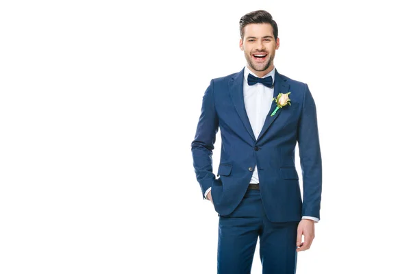 Portrait of young handsome groom in suit isolated on white — Stock Photo