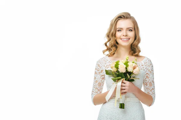Portrait of young bride with wedding bouquet in hands isolated on white — Stock Photo