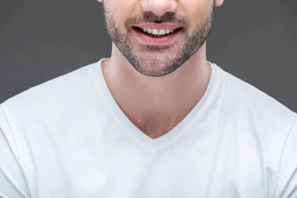 Abgeschnittene Ansicht eines lächelnden bärtigen Mannes, isoliert auf grau — Stockfoto
