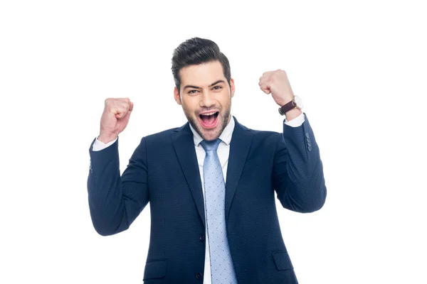 Hombre de negocios emocionado gritando en traje, aislado en blanco - foto de stock