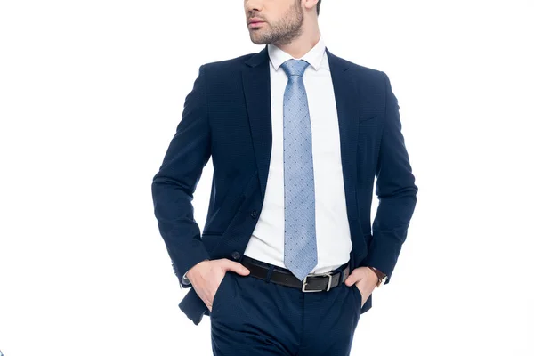 Vista recortada de hombre de negocios elegante guapo en traje, aislado en blanco - foto de stock