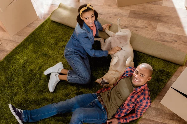 African american couple with labrador dog moving to new apartment — Stock Photo
