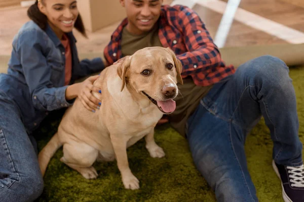 Felice coppia afro-americana con cane labrador trasferirsi in una nuova casa — Foto stock