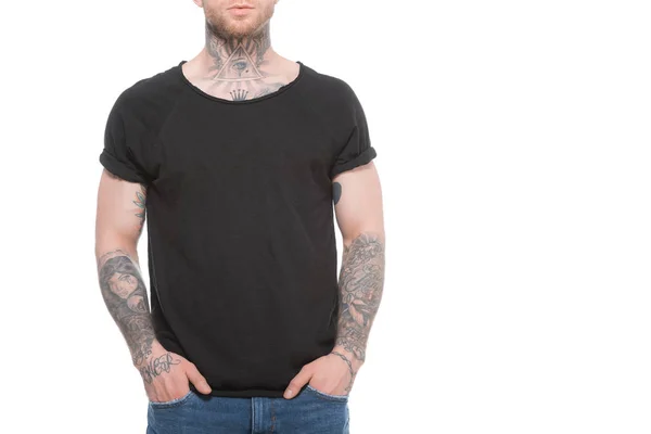 Cropped view of handsome stylish tattooed man, isolated on white — Stock Photo