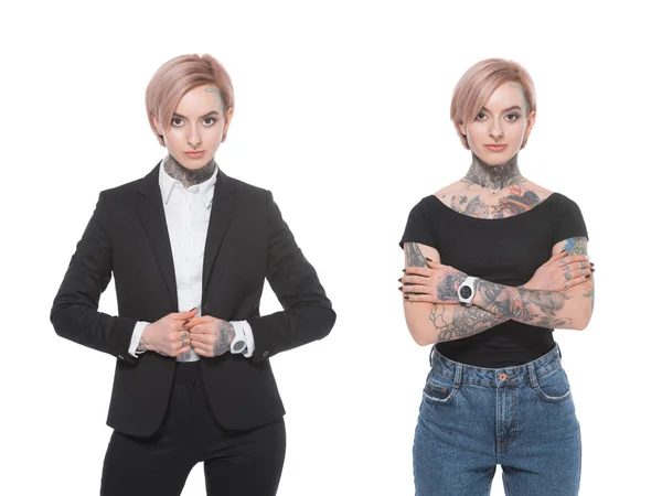 Collage with stylish tattooed girl and businesswoman, isolated on white — Stock Photo