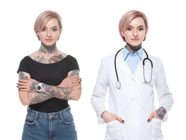 Collage con elegante chica tatuada y médico femenino, aislado en blanco - foto de stock
