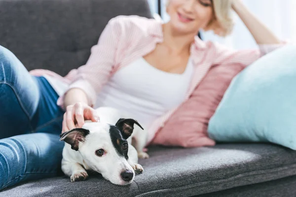 Chica con jack russell terrier perro en sofá en casa - foto de stock
