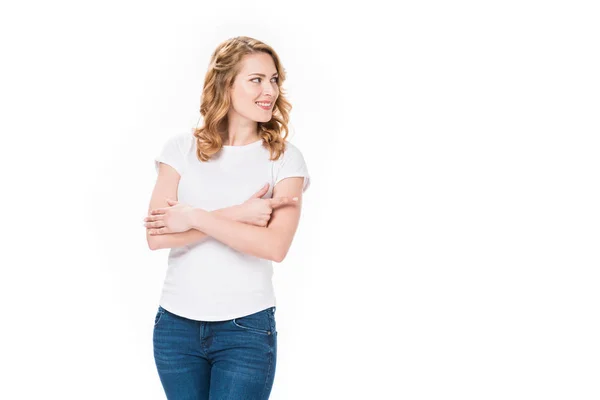 Portrait de jolie femme caucasienne pointant loin isolé sur blanc — Photo de stock