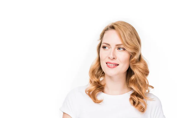 Retrato de mujer pensativa atractiva aislado en blanco - foto de stock