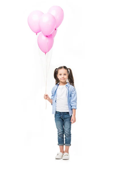 Criança adorável com balões rosa isolados em branco — Fotografia de Stock