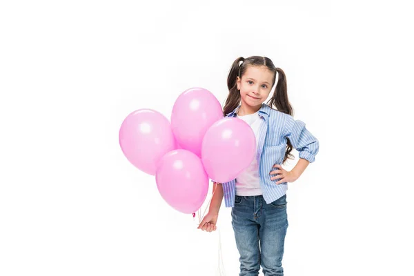 Retrato de criança adorável com balões cor-de-rosa isolados em branco — Fotografia de Stock