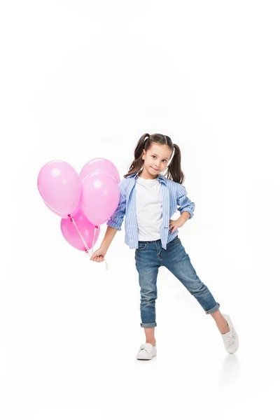 Adorable little kid with pink balloons isolated on white — Stock Photo