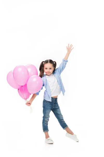 Entzückendes kleines Kind mit rosa Luftballons auf weißem Grund — Stockfoto