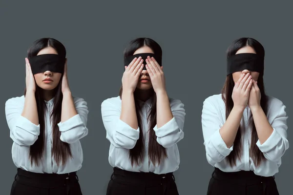 Variations of young woman in black blindfold closing ears, eyes and mouth isolated on grey — Stock Photo