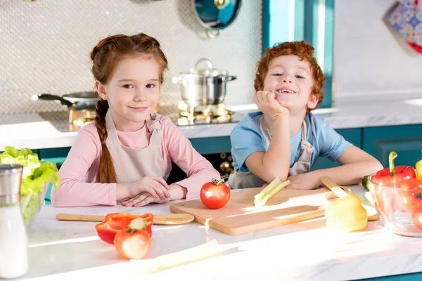 Очаровательные дети в фартуках улыбаются в камеру во время приготовления овощного салата вместе на кухне — стоковое фото