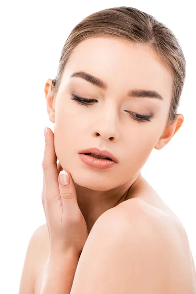 Belle fille tendre avec une peau propre, isolé sur blanc — Photo de stock