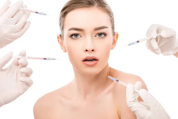 Young girl with clean skin doing beauty injections, isolated on white — Stock Photo
