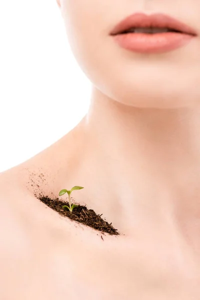 Vista ritagliata di ragazza con germoglio che cresce nel terreno sulla clavicola, isolato su bianco — Foto stock