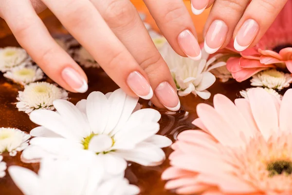 Cropped view of woman making spa procedure with flowers for nails — Stock Photo