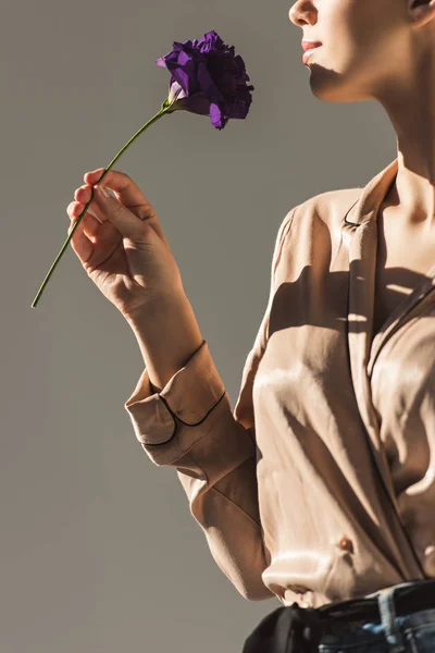 Vista recortada de la mujer sosteniendo flor púrpura, aislado en gris - foto de stock