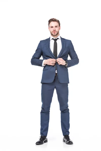 Homem de negócios caucasiano confiante em terno isolado em branco — Fotografia de Stock