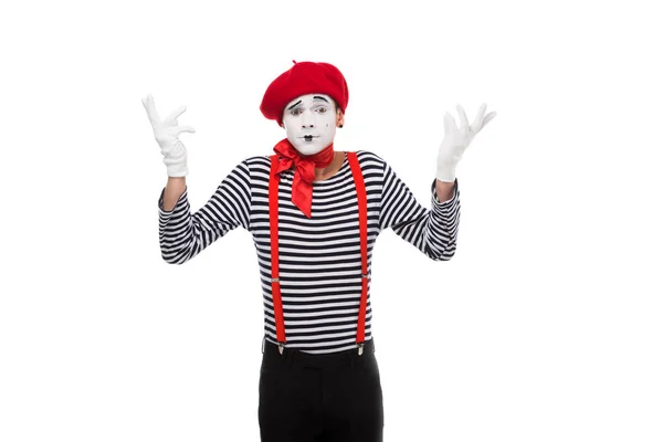 Mime montrant geste haussant les épaules isolé sur blanc — Photo de stock