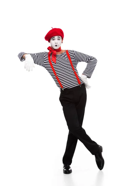 Mime pretending leaning on something isolated on white — Stock Photo
