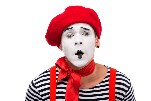 Mime choqué avec arc rouge isolé sur blanc — Photo de stock