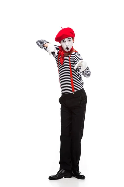 Mime pointing on camera isolated on white — Stock Photo