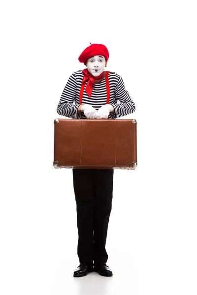 Mime holding brown suitcase isolated on white — Stock Photo