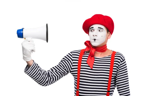 Mímica assustada olhando megafone isolado em branco — Fotografia de Stock