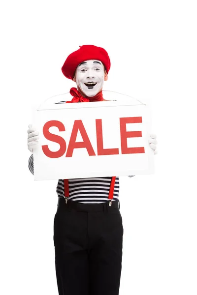 Счастливый мим холдинг продажи вывески изолированы на белом — Stock Photo