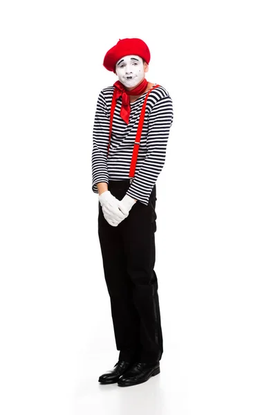 Grimacing mime standing isolated on white — Stock Photo