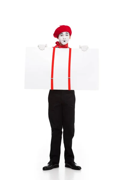 Mime holding empty board under suspenders isolated on white — Stock Photo