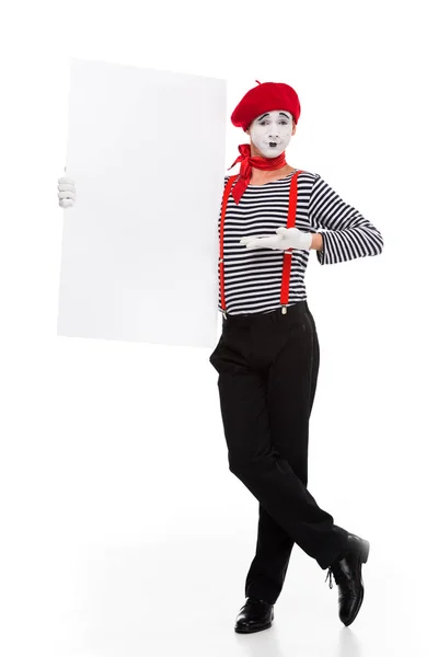 Mime showing empty board isolated on white — Stock Photo