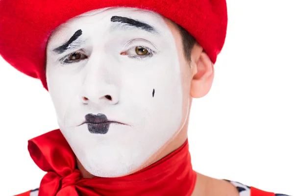 Portrait of grimacing mime with makeup isolated on white — Stock Photo