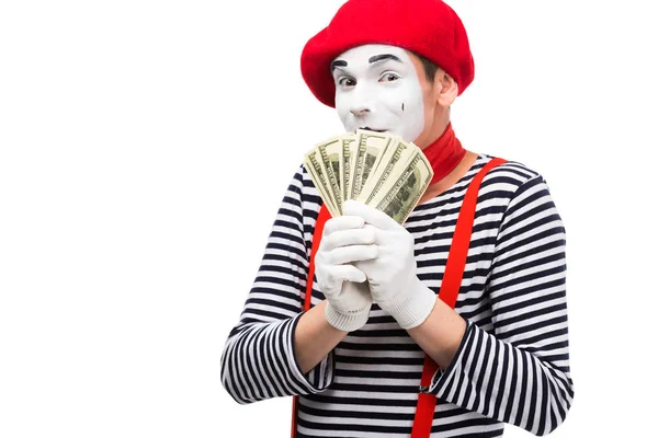 Mime couvrant la bouche avec des dollars isolés sur blanc — Photo de stock
