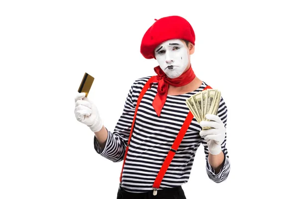 Sad mime holding credit card and cash isolated on white — Stock Photo