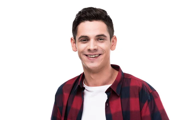 Homme souriant regardant caméra isolée sur blanc — Photo de stock