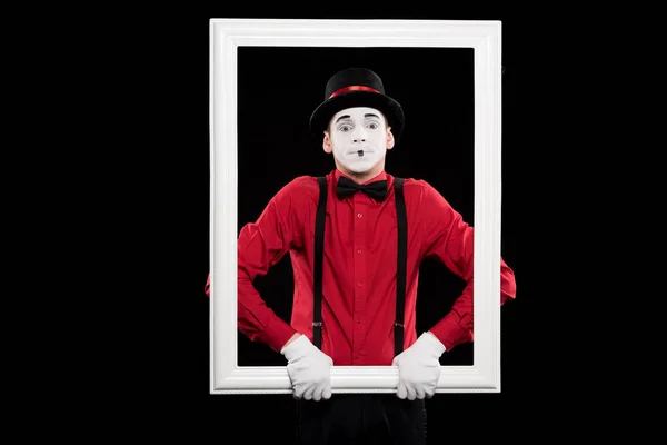 Mime segurando quadro isolado em preto — Fotografia de Stock