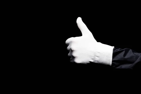 Cropped image of mime showing thumb up isolated on black — Stock Photo