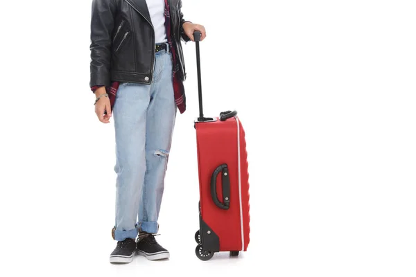 Cropped shot of stylish little child with luggage isolated on white — Stock Photo