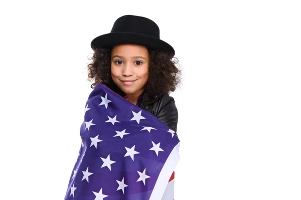 Beautiful little child in hat covered in usa flag isolated on white — Stock Photo