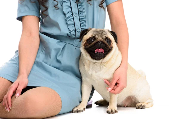 Cropped shot of woman sitting on floor with pug isolated on white — Stock Photo